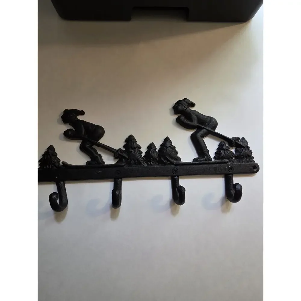 Cast Iron Bear And Skiing Wall Hook Rack Rustic Cabin Lodge Coat Hanger Set Of 2